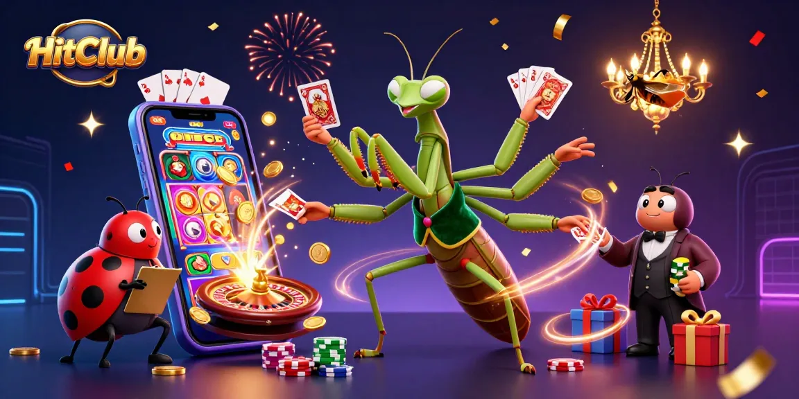 HitClub's vibrant casino scene features a card sharp and a pit boss amidst games and celebratory elements.