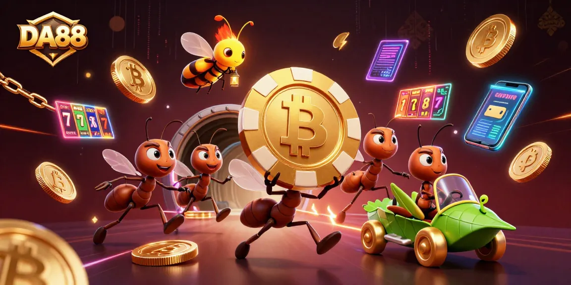 DA88 team of ants executing a heist with a giant poker chip amid glowing crypto coins