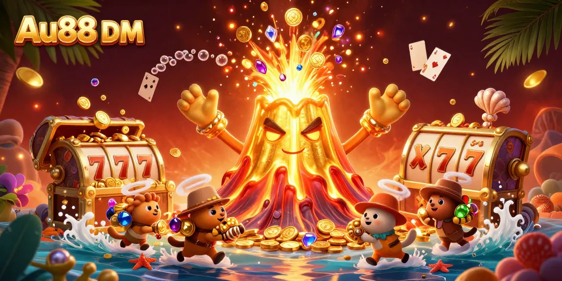 Experience exciting wins at Au88 DM with a vibrant illustration of treasure and gaming elements.