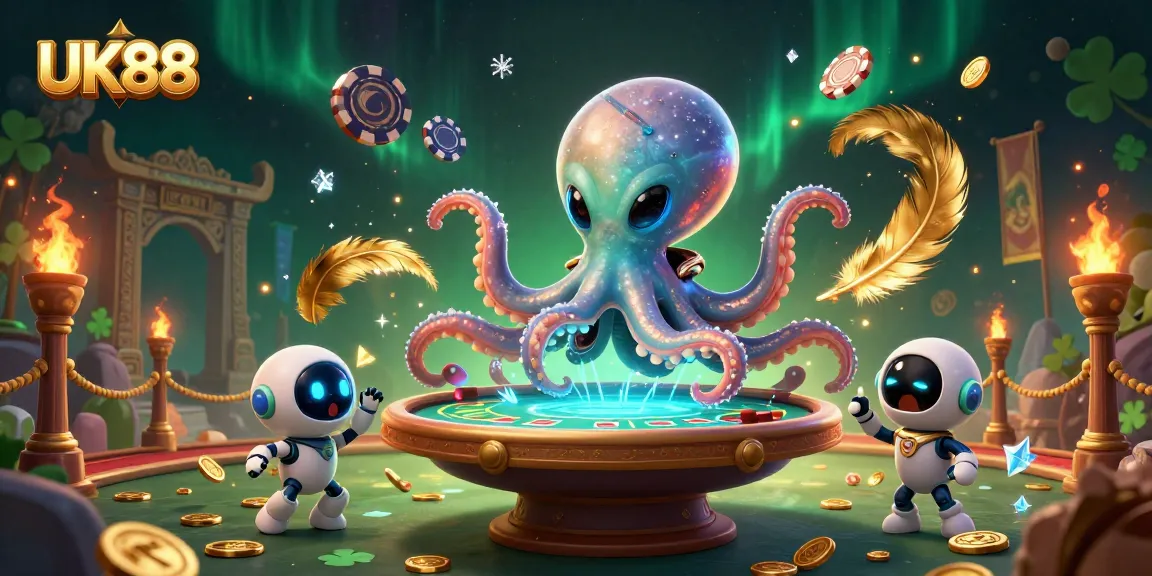 Engage in thrilling betting at UK88 with a captivating 3D illustration of an alien octopus and poker chips.
