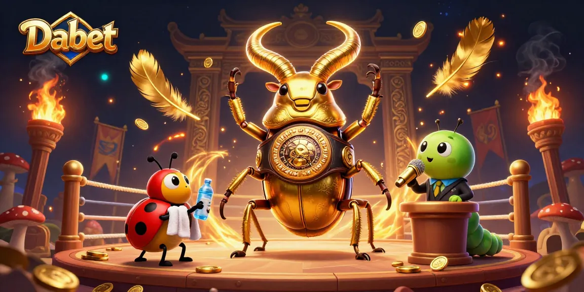 Dabet showcases thrilling casino excitement with a golden beetle champion amidst vibrant betting elements.