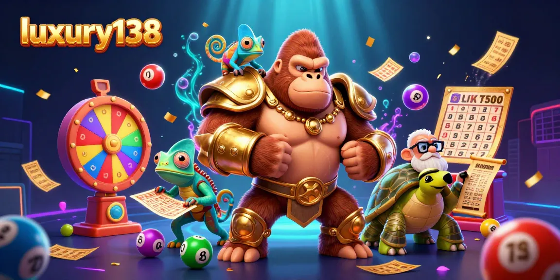 luxury138 showcases a vibrant 3D casino scene with a golden gorilla king and colorful elements, engaging players with dynamic action