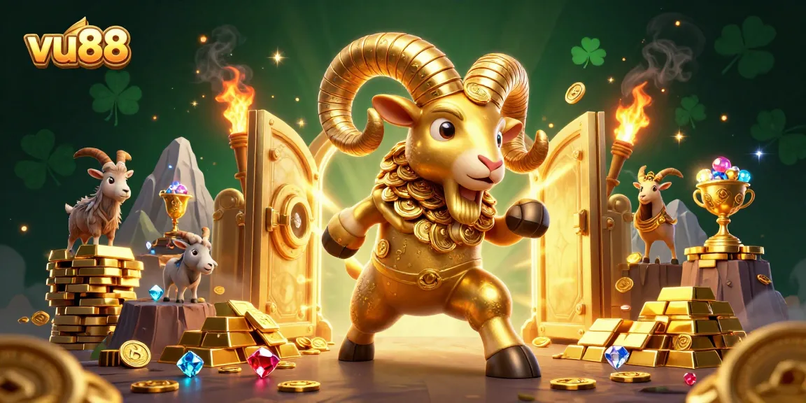 Experience thrilling gameplay with vu88's golden ram mascot amidst treasure in this vivid casino scene.