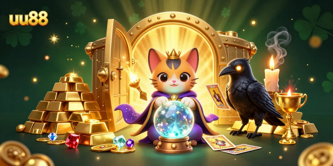 Experience thrilling gameplay at uu88 with enchanting characters and dazzling treasures in this vibrant illustration.