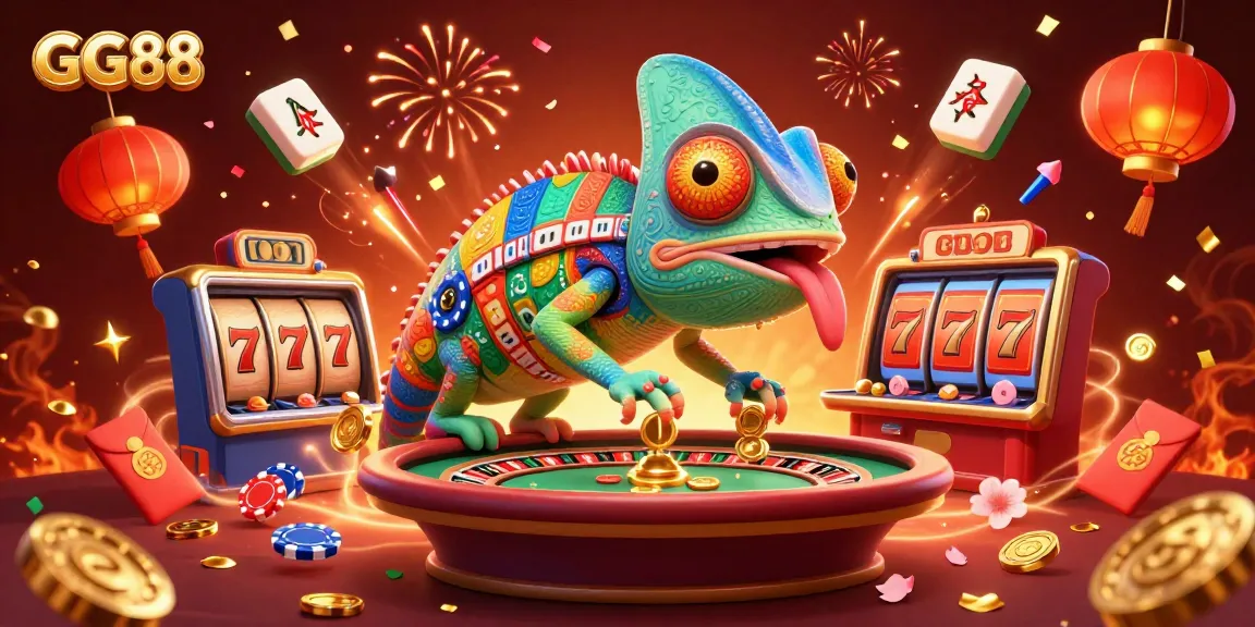 Engage with the GG88 casino experience through vibrant 3D visuals featuring a chameleon owner amidst exciting gaming elements.