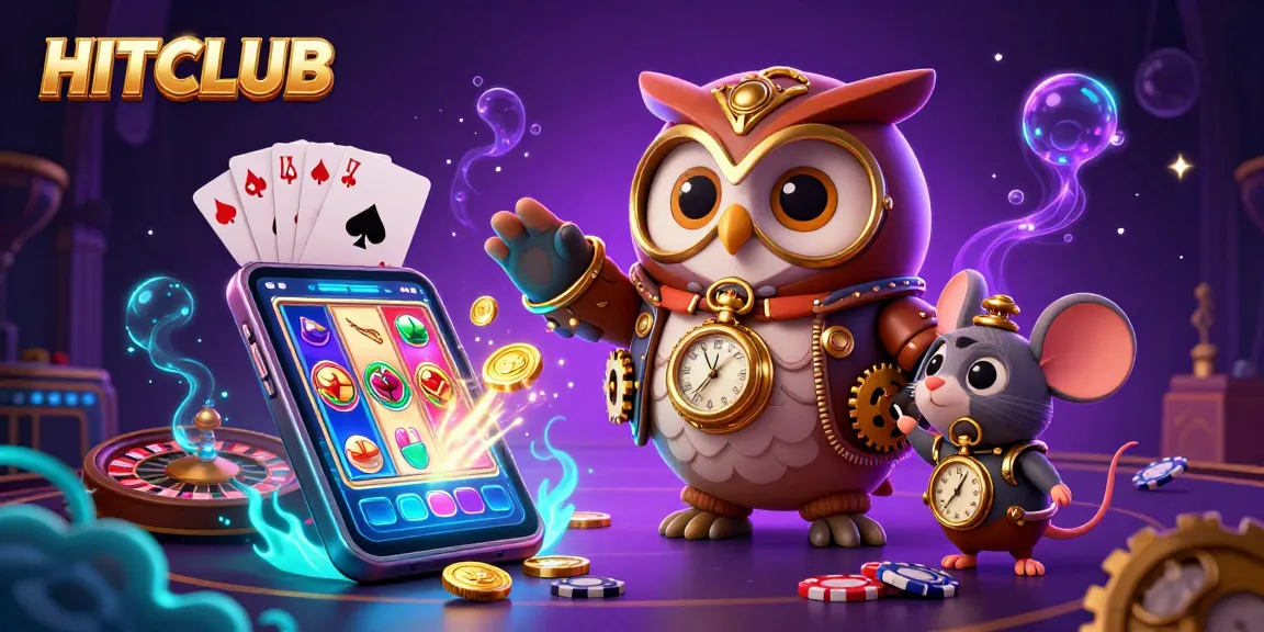 Engage in thrilling gaming at HITCLUB with a vibrant 3D illustration featuring slot games and steampunk elements.