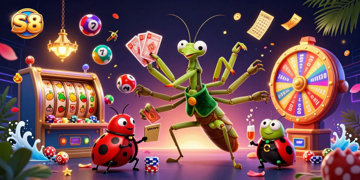 S8 slot scene with a giant mantis card dealer, ladybug pit boss, and vibrant gaming elements.