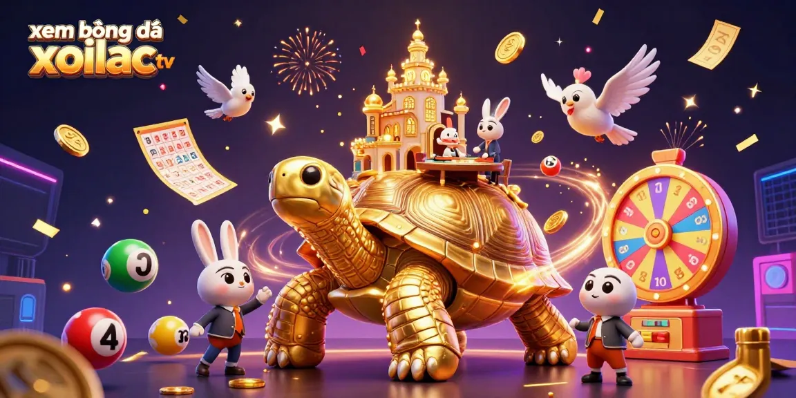 Xem bóng đá xoilac tv features a vibrant, dynamic scene with casino elements like golden tortoises and colorful lottery balls.