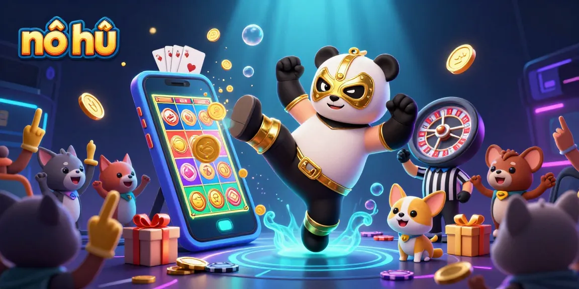 Spin to win with nổ hũ, as the panda wrestler kicks it into action surrounded by slot game excitement!
