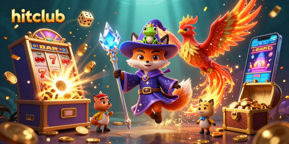 Experience the excitement of hitclub with a vibrant casino scene featuring a wizard fox and slot machine bursting with coins.
