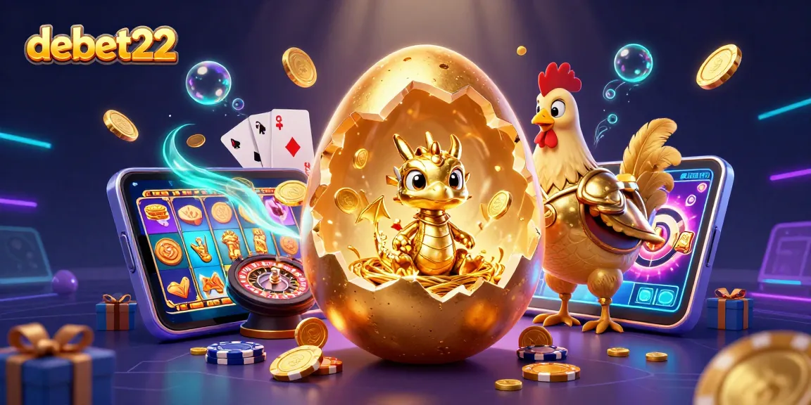 Experience the thrill of debet22 with a golden dragon surrounded by slot games and poker chips.