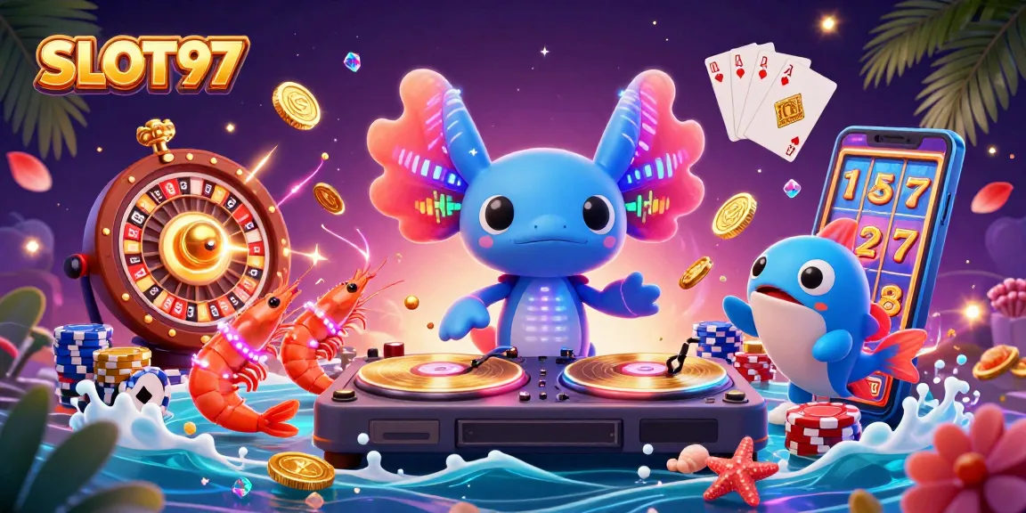 SLOT97 highlights vibrant gameplay with neon-colored DJ axolotl, shrimp dancers, and golden coins cascading.