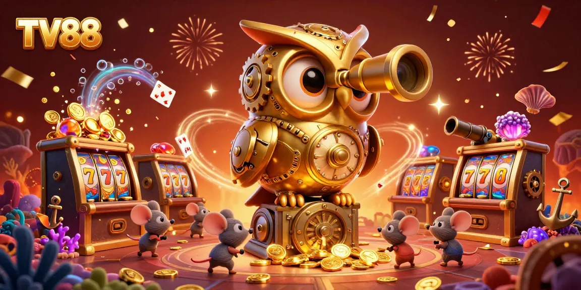 Experience thrilling wins at TV88 with golden owls and scurrying patrons in this vibrant casino scene.