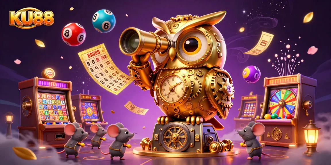 KU88 casino atmosphere with a dynamic cartoon scene showcasing an owl and mice amid vibrant gaming elements.