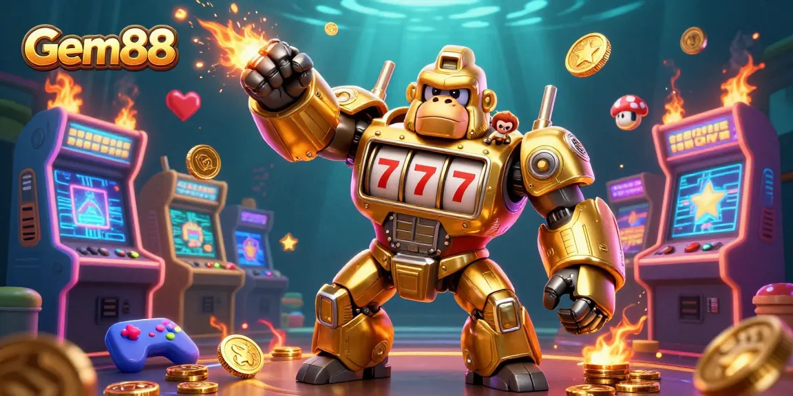 Gem88 showcases a dynamic 3D mech with slot machine elements, highlighting exciting gaming action.