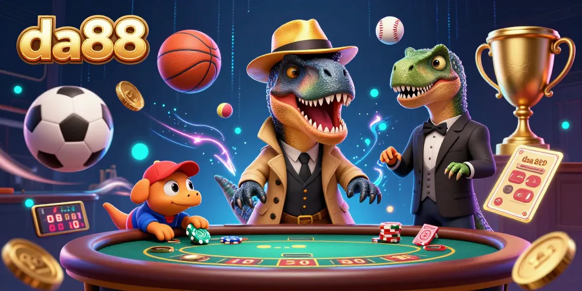 Engage with the thrilling da88 gaming scene featuring a velociraptor, stegosaurus pit boss, and a compy amidst dynamic betting elements.