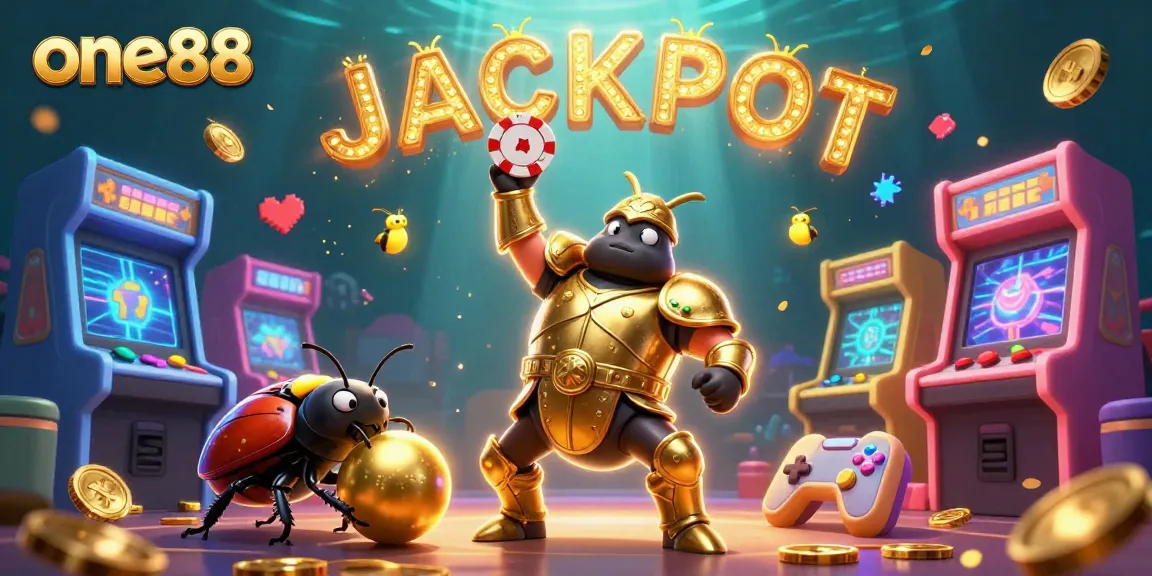one88 celebrates winnings as a herculean beetle lifts a poker chip, amidst vibrant casino elements.