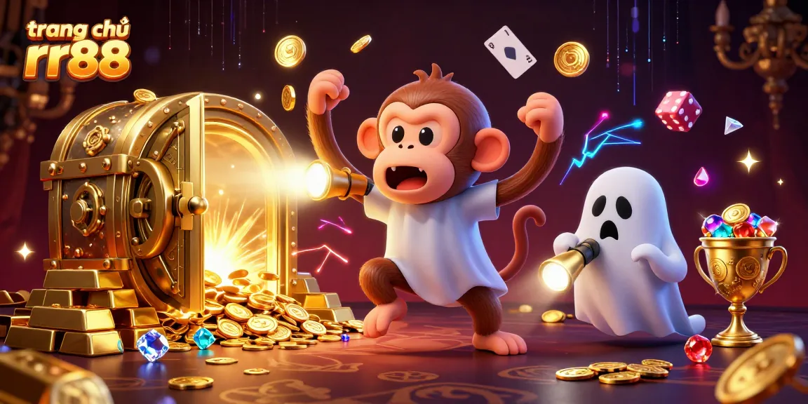 Engaging action scene at trang chủ rr88 with a mischievous ghost monkey juggling casino treasures.