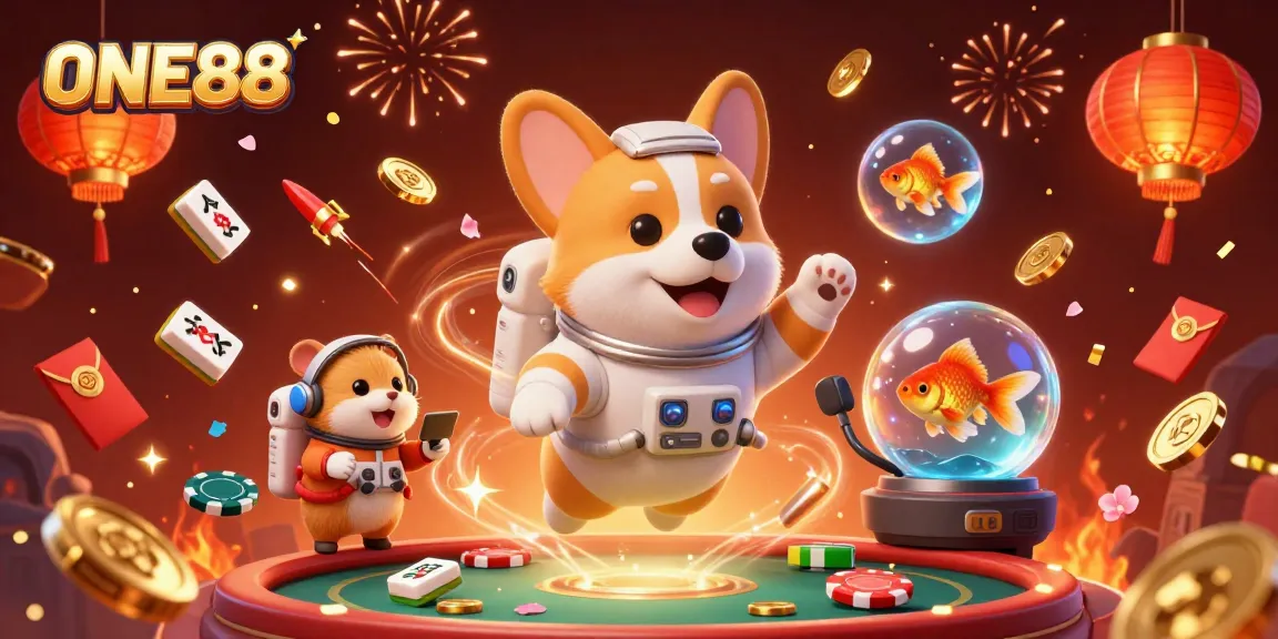 Engage in exciting games at ONE88's space-themed casino with vibrant characters and floating treasures.