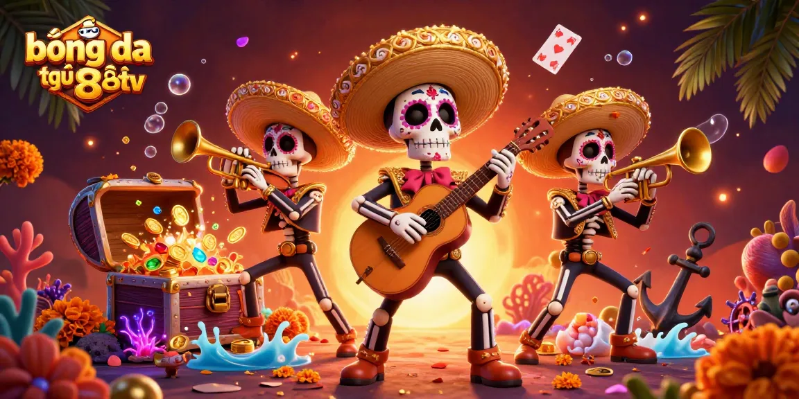 bóng đá trực tuyến s8tv showcases a vibrant skeleton mariachi band in a lively sports betting scene.