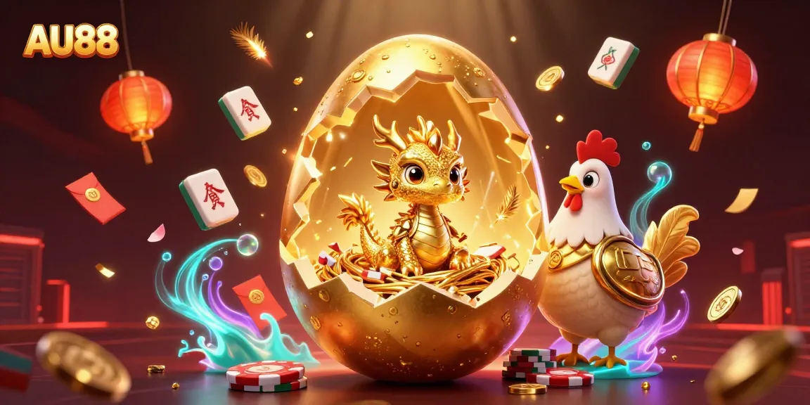 Play exciting games at AU88 featuring a grand golden dragon emerging from poker chips.