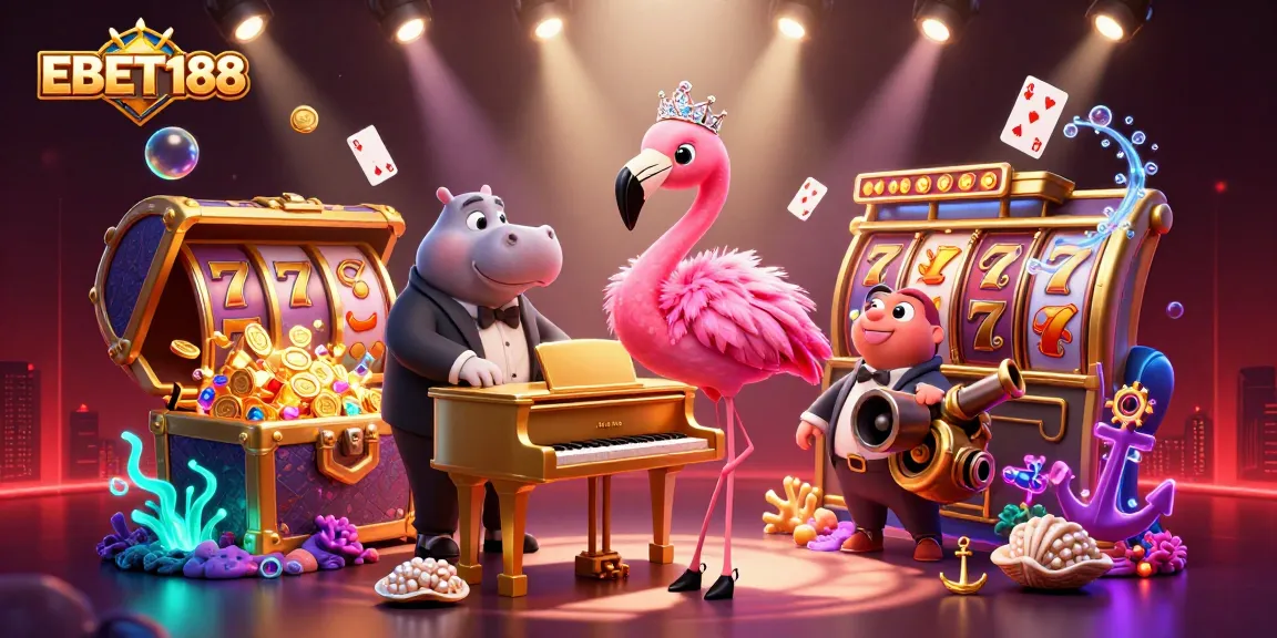 Experience the excitement of EBET188 with a vibrant 3D casino scene featuring a flamingo lounge singer and hippo bassist.