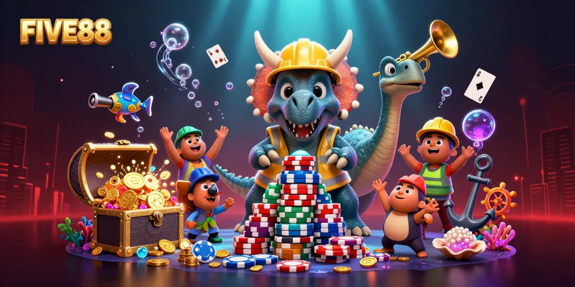 Experience thrilling gameplay at FIVE88 with lively 3D characters and casino elements in a vibrant scene.