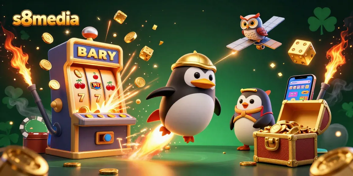 s8media highlights a golden penguin launching into space, accompanied by vibrant casino games and jackpot imagery.