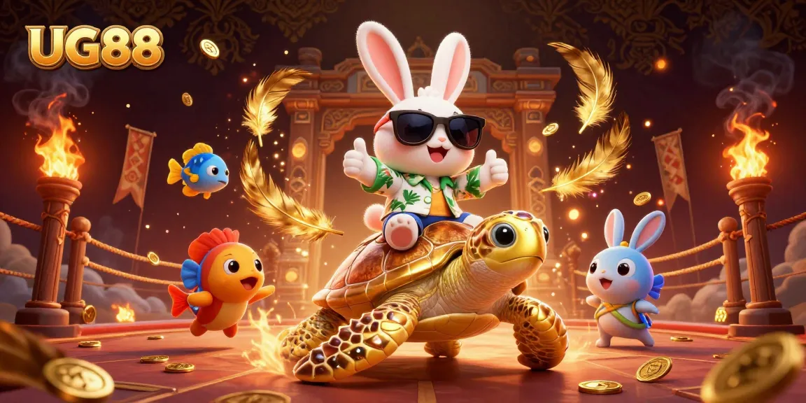 Spin to win at UG88 with the lucky rabbit on a golden sea turtle surrounded by vibrant gaming elements.