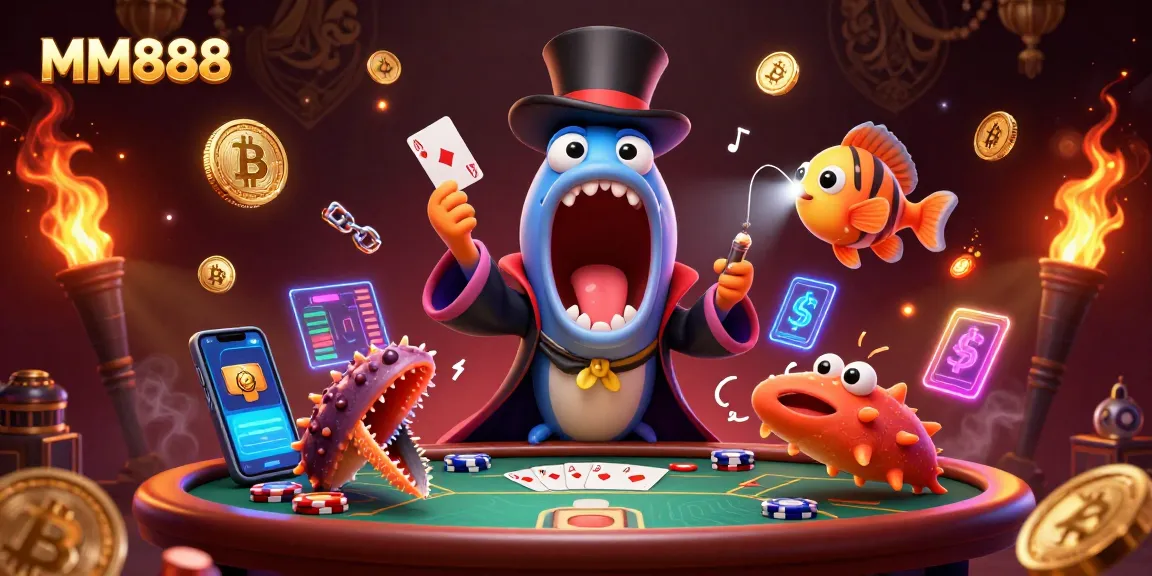 Engage with MM888's captivating poker magic act featuring vibrant underwater characters and 3D crypto elements.