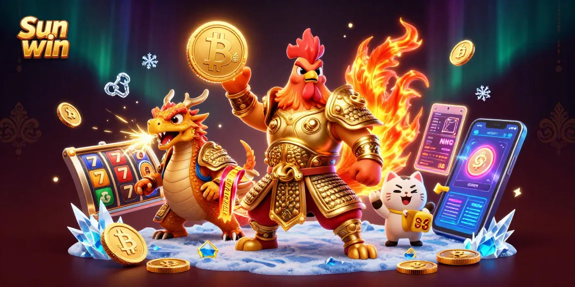 Engage in the exciting world of Sun win with a powerful rooster warrior, dragon, and a fortune cat, set among vibrant gambling elements.