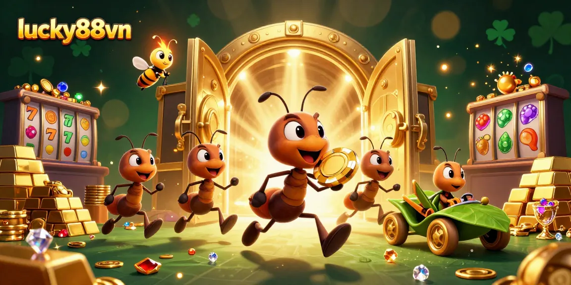 Lucky88vn ants heisting a massive poker chip in a vibrant casino scene full of treasures.