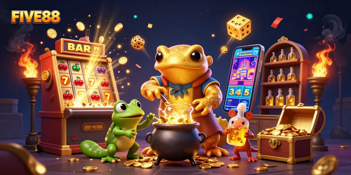 Experience the thrill of FIVE88 with a golden alchemist and casino elements creating excitement.