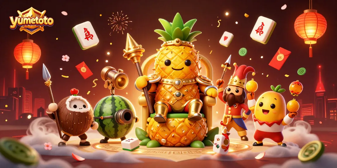 Experience the thrilling atmosphere of yumetoto with a vibrant 3D casino scene featuring a pineapple king and his tropical entourage.