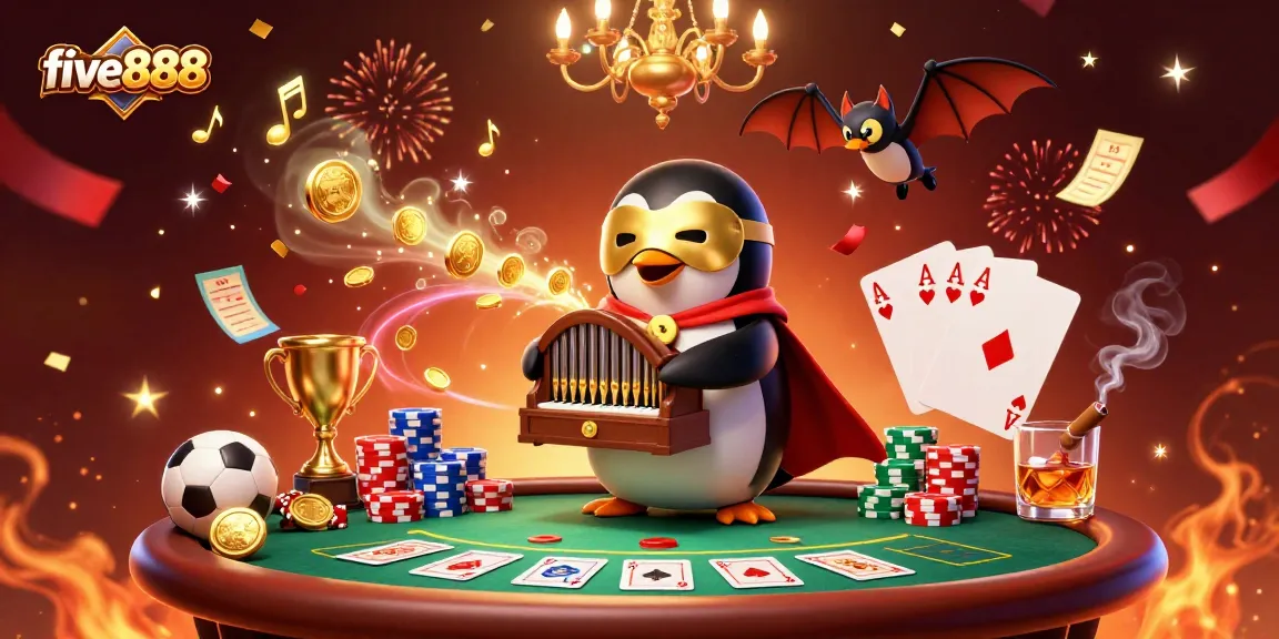 Experience excitement with five888 as a cartoon penguin plays the organ amidst poker and sports betting elements.