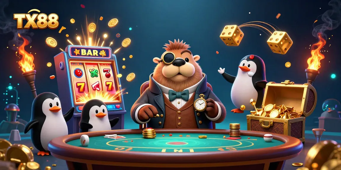Experience the thrill of TX88 with a vibrant underwater poker scene featuring cartoon characters and jackpot elements.