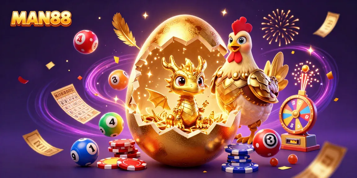 Join the excitement at MAN88 with vibrant lottery balls and a golden dragon amidst the ultimate casino celebration!
