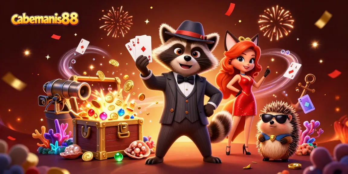 Experience the thrill with cabemanis88 as a suave raccoon showcases a royal flush amidst a vibrant casino scene.