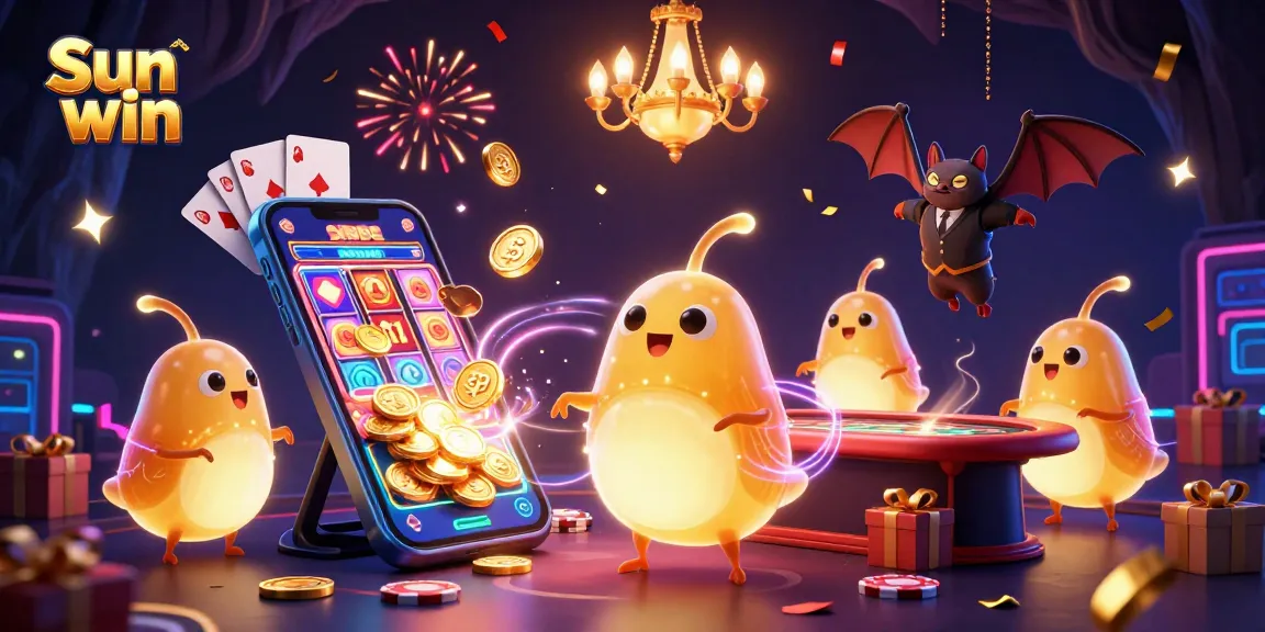 Experience the excitement in a vibrant casino scene featuring Sun win with animated glowworms and festive gaming elements.