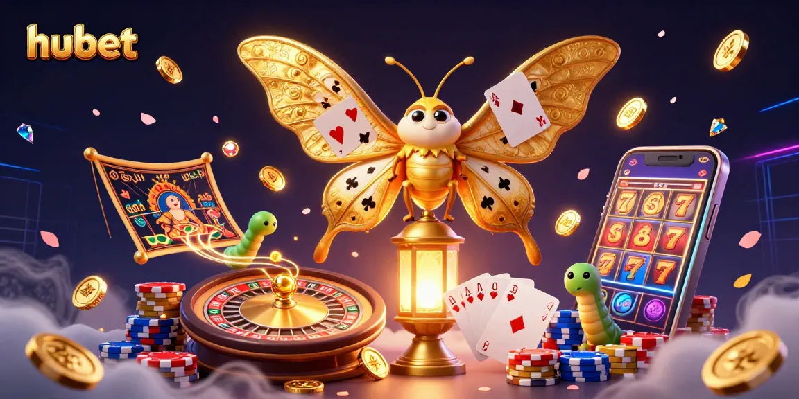 Experience the thrilling world of hubet with an extravagant 3D casino scene featuring vibrant elements like playing cards and golden coins.