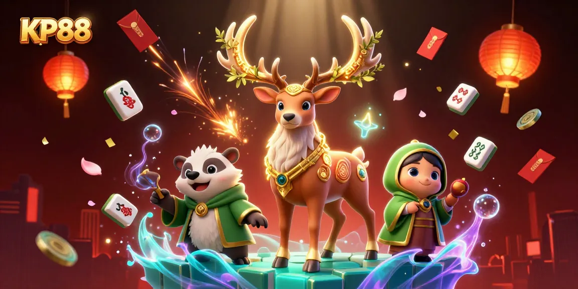 Engage with KP88's animated scene of luck, featuring druid stag and glowing symbols.