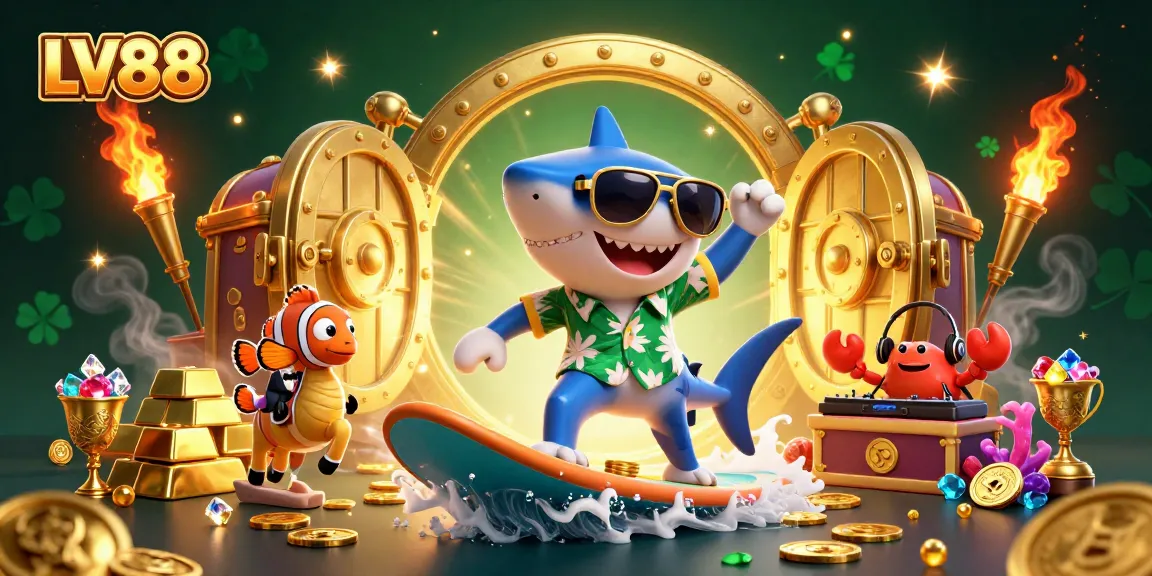 Catch vibrant golden waves at LV88 with a shark surfing on coins among shimmering gems.