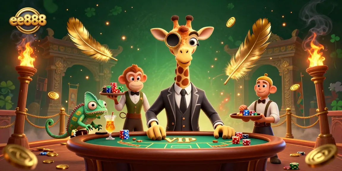 Experience the thrill of ee888 with a high-roller giraffe and monkey valet in a lavish casino scene.