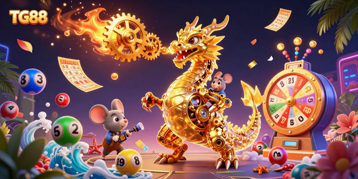 Engage with TG88 as a biomechanical dragon breathes gold gears amidst vibrant gambling elements.