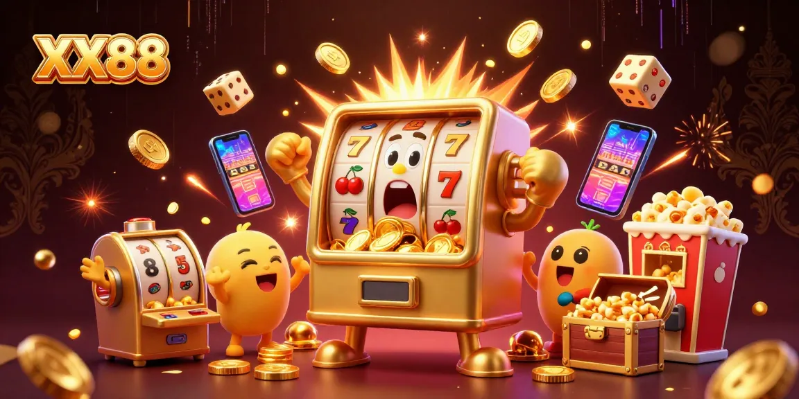 Experience a thrilling jackpot at XX88 with a golden slot machine bursting coins, celebrating with cheerful characters and casino flair.