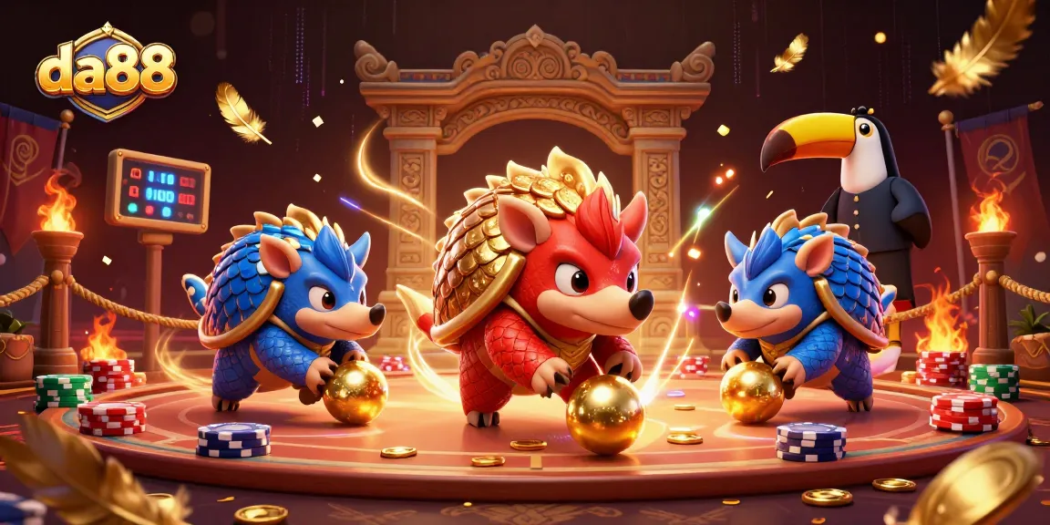 Experience thrilling da88 gameplay as pangolins duel amidst poker chips and golden scales.