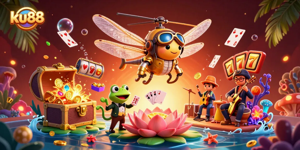 ku88 reveals an exciting underwater casino scene with a frog croupier and vibrant elements.
