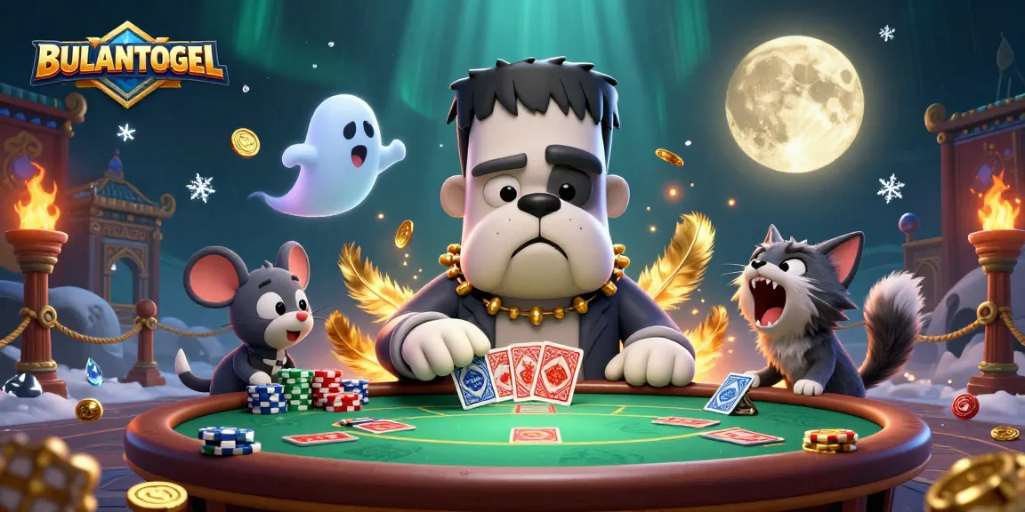 BULANTOGEL showcases a thrilling scene of poker with a Frankenstein bulldog dealer, adding excitement to the game.