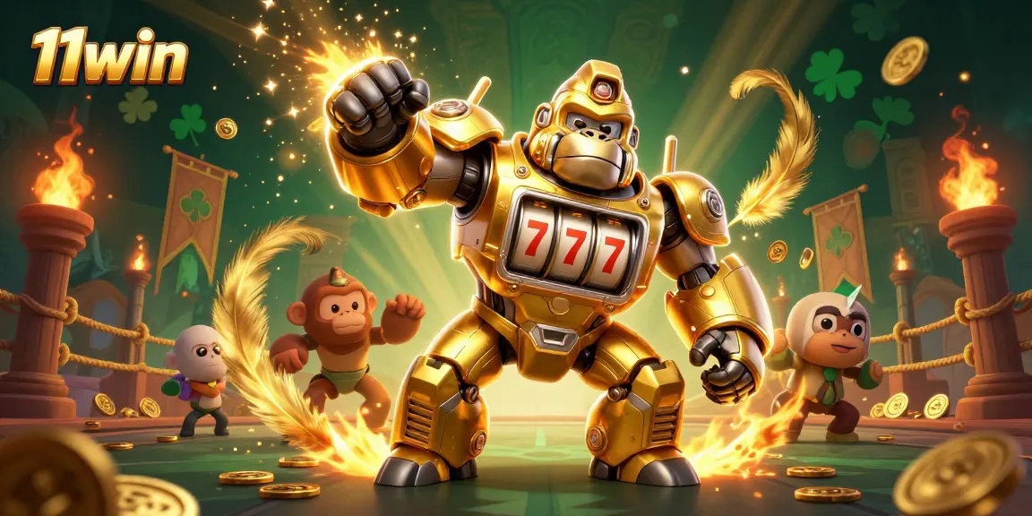 Experience the thrill of 11win with a 3D illustration of a golden gorilla mech and casino elements.