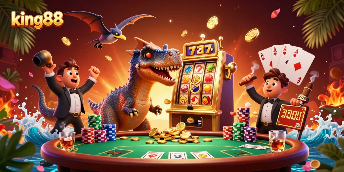 Experience king88's thrilling jackpot wins with a dinosaur-themed casino scene filled with action.